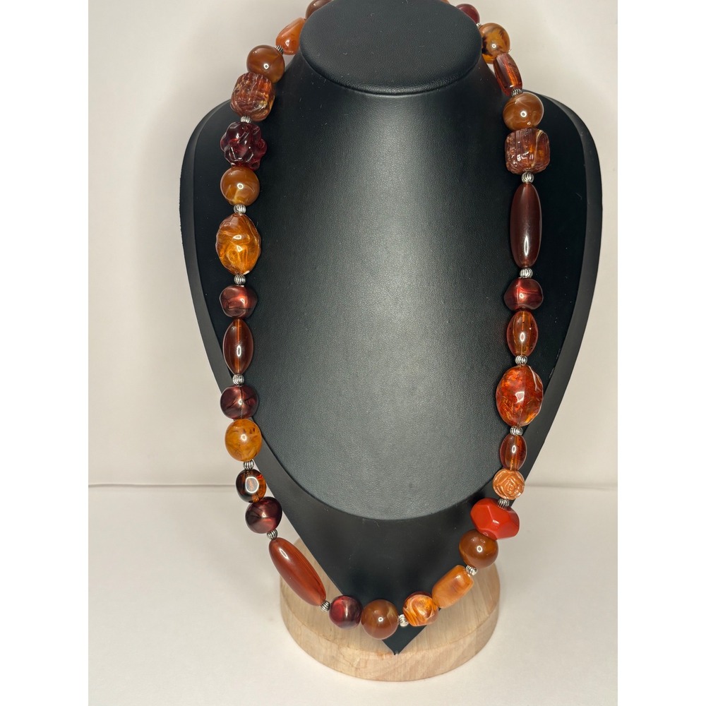 Chunky Mixed Bead Necklace Earthy Amber Color Russet Brown Boho Carved Flower